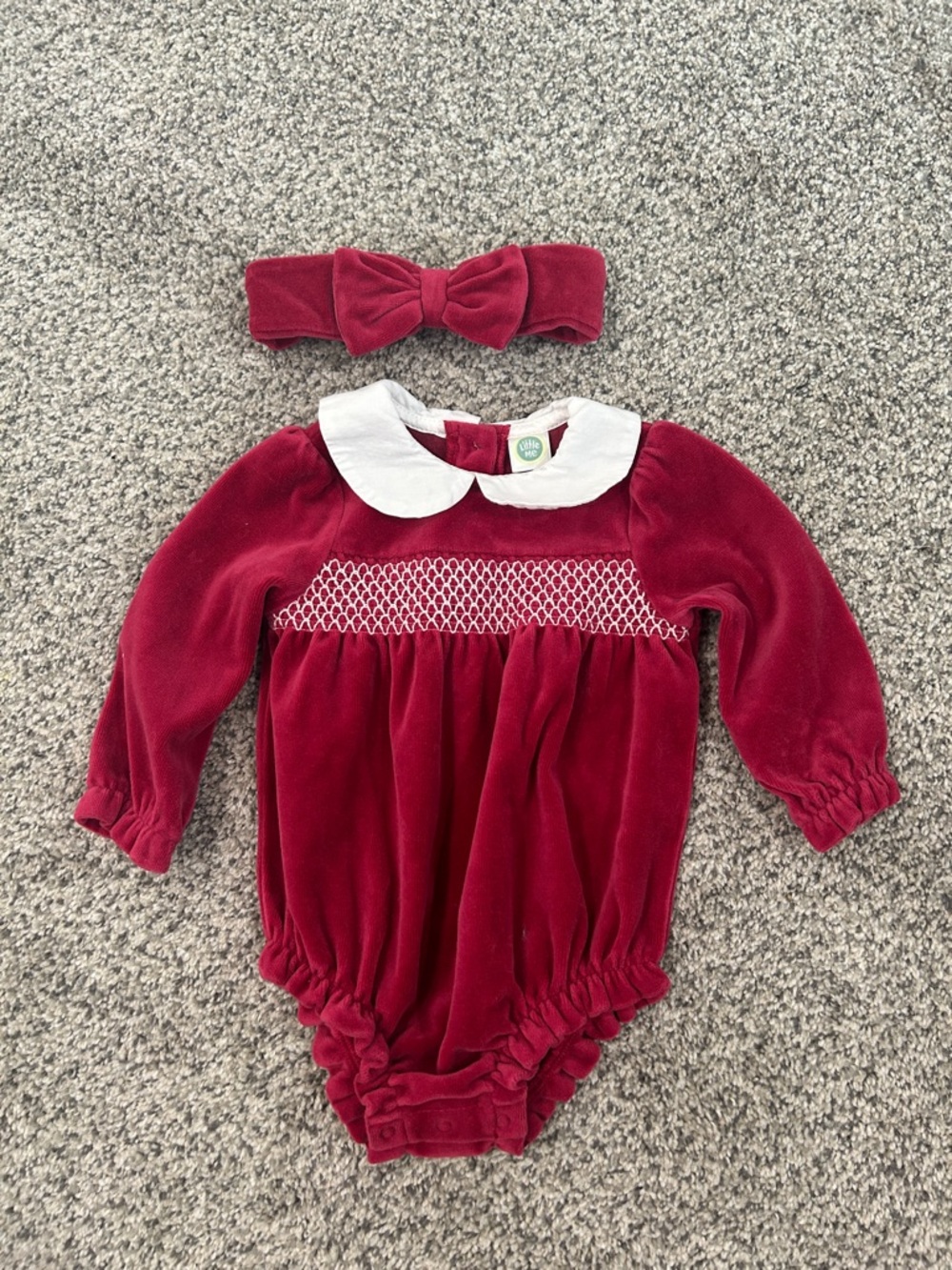 Baby Velvet Smocked Romper with Bow Headband